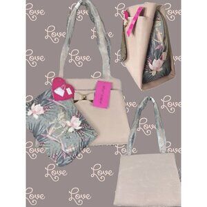 Betsey Johnson Pink Textured Zip Top Contrast Floral Dual Handle Satchel Handbag